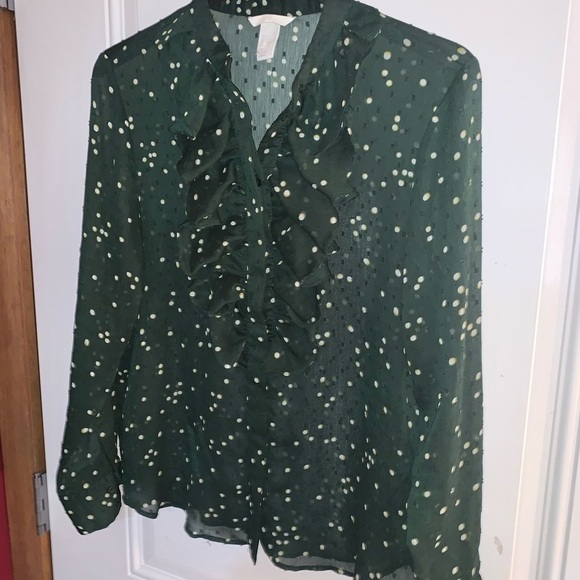 H&M Plumeti Blouse Dark Green with White Polka Dots Ruffle Ling Sleeve 12 - Picture 7 of 9
